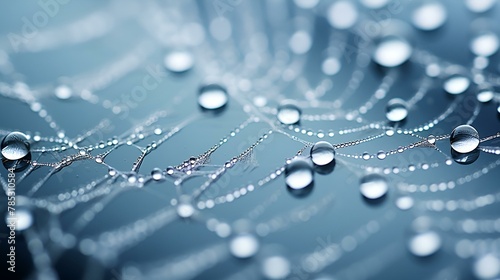 Image of dew drops delicately suspended in a spider web. 