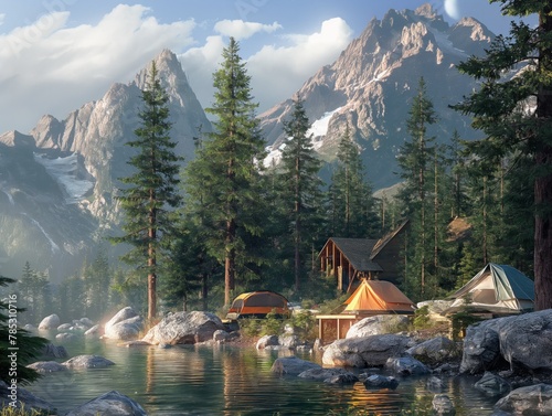 A mountain scene with a cabin and tents. The scene is peaceful and serene