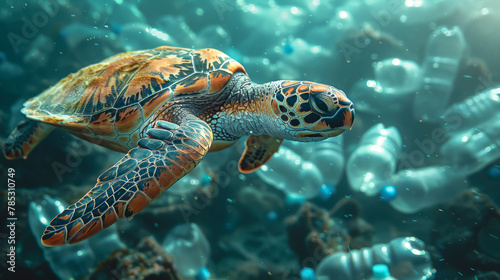 Sea turtle swimming in ocean invaded by plastic bottles.