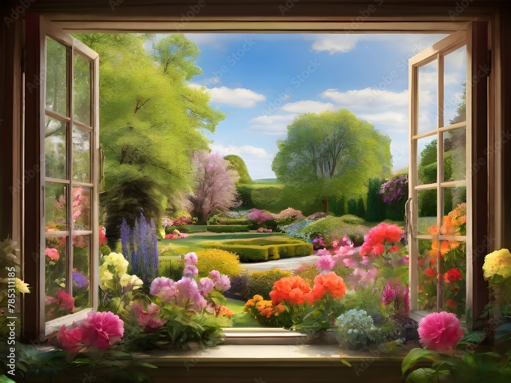 Artistic painting, view from a window of colorful flowers