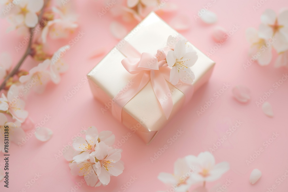 Small soft pink gift box with pink ribbon bow isolated on pastel pink background with spring cherry tree flowers. Flatlay, top view, copy space