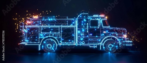 digital blue hologram fire truck with data streams, ai emergency response systems, route optimization algorithms, predictive maintenance schedules, firefighting operations. 