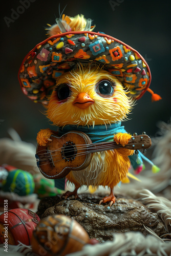 A small yellow bird wearing a Mexican hat playing a guitar