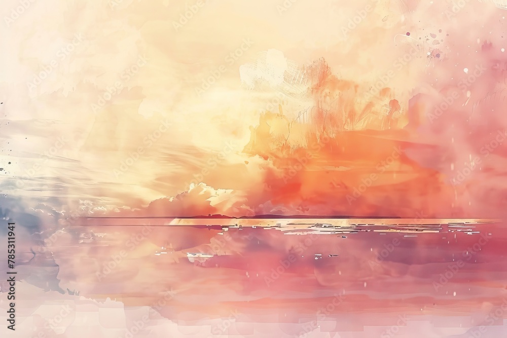 Misty Seascape with Sunrise or Sunset Clouds, Abstract Watercolor Background with Orange Grunge Texture Wall Art