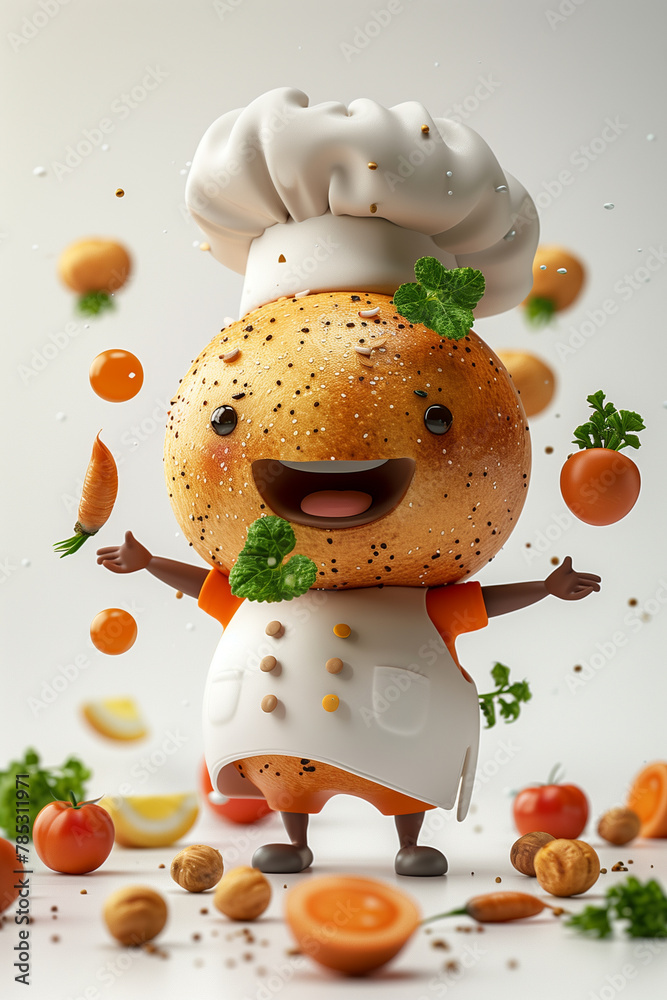 Obraz premium Stuffed sweet bun with chefs hat on head