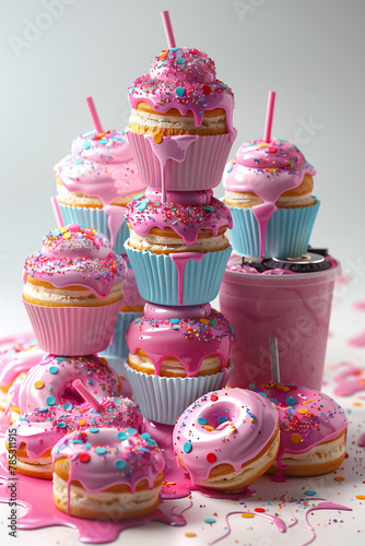 A group of sweet buns featuring pink frosting and colorful sprinkles