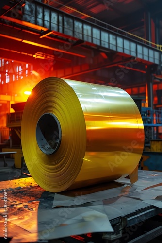 A large roll of yellow hot metal is being folded in the factory, with a strong orange light illuminating it from behind The background features an industrial scene with black and red tones, creating a