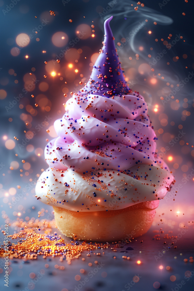 A cupcake topped with purple frosting and colorful sprinkles A cupcake topped with purple frosting and colorful sprinkles