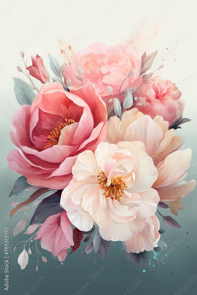 Bouquet of Pink Peony Flowers on a White Background. Abstract Watercolor Vector Illustration for Wedding Banners, Posters, and Postcards