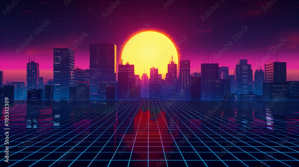 Retro style sunset and landscape background