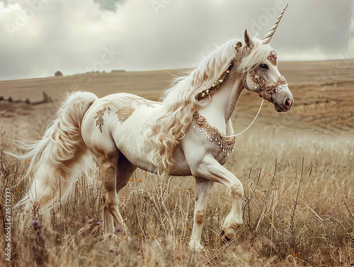 white horse dressed as a unicorn