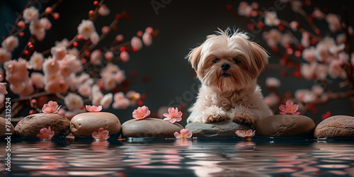 A shih tzu dog peacefully sits on rocks in a serene scene banner photo