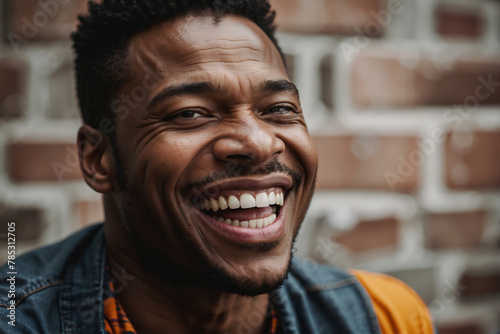 Lebensfreude pur: Strahlender afroamerikanischer Mann mit ansteckendem, herzhaftem Lachen vor Ziegelmauer photo