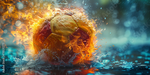 A soccer ball is burning with flames while submerged in water banner