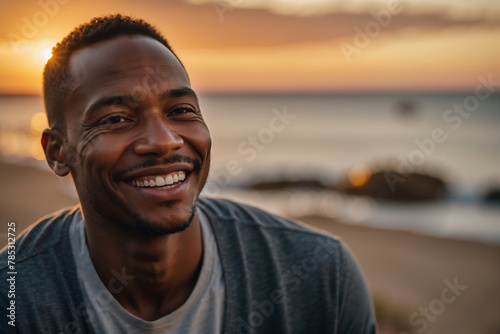 Authentisches Porträt eines Afroamerikaners mit strahlendem Lächeln im warmen Sonnenuntergangslicht am Meer photo