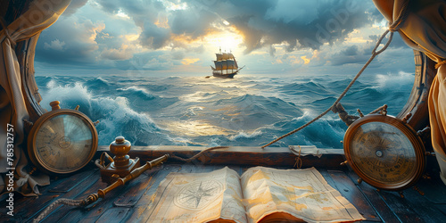 A painting depicting a ship navigating through the ocean banner