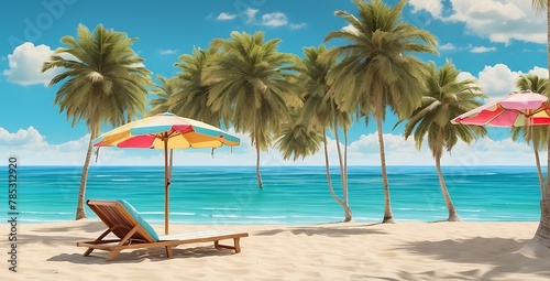 Beach with palm trees and sun loungers. 3d render