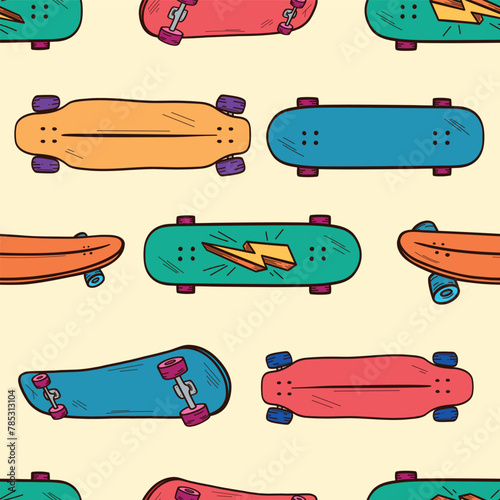 Bright vector seamless pattern with hand drawn skateboards, longboards in retro style