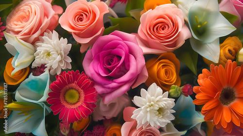 Close up  many flowers  many colors and various types wall background for wedding decoration and presentation.