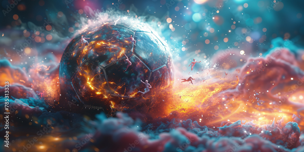 A large ball resembling a soccer ball in a space filled with stars banner A large ball resembling a soccer ball in a space filled with stars banner