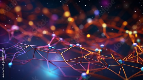 Vibrant 3d neural network illustration: big data, cybersecurity, global database, ai. Colorful bokeh background. 