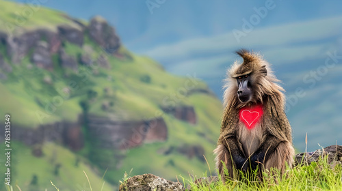 A gelada baboon displaying its red chest, captured with high dynamic range to enhance the colors against the rocky Ethiopian highlands background with copy space
