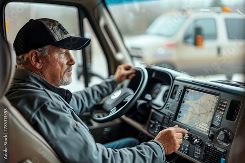 Trucker Navigating Road with GPS, Interior Truck Cab View