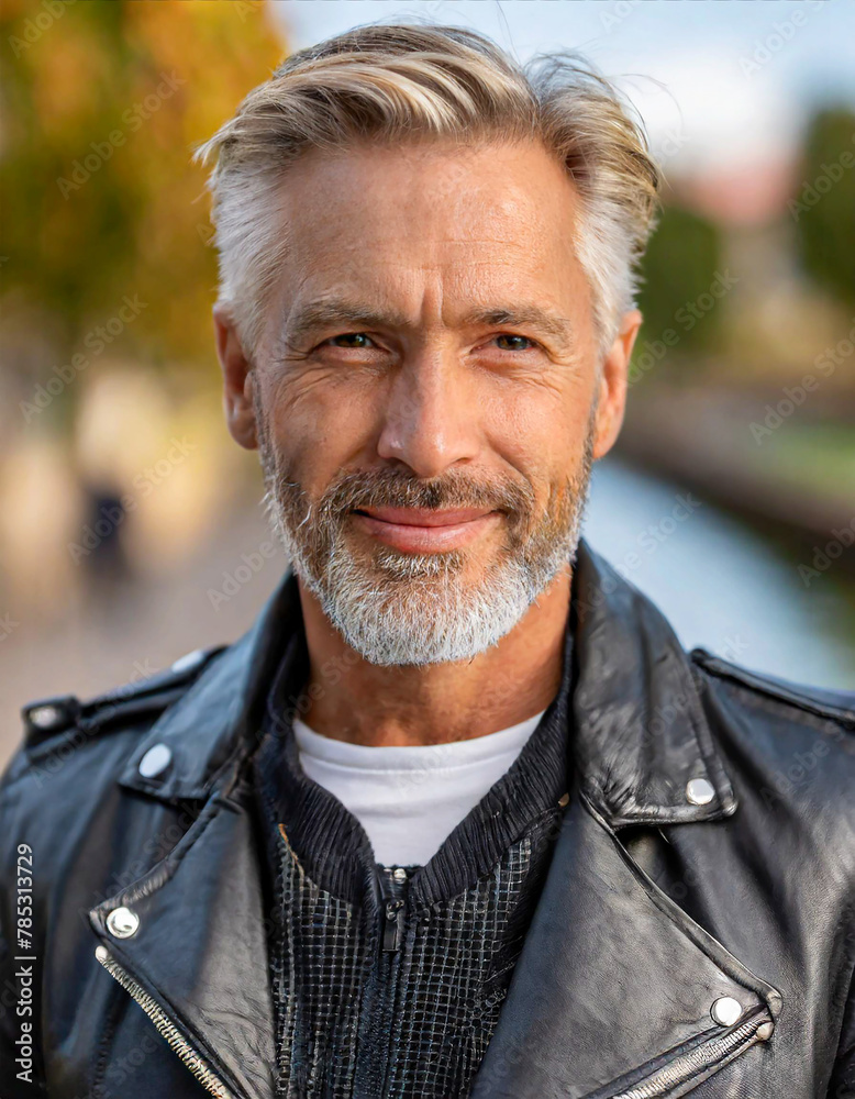 portrait of a senior man wearing a black leather biker jacket portrait of a senior man wearing a black leather biker jacket