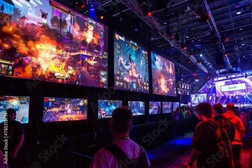 E-Sports Gaming Event with Multiple Screens and Spectators