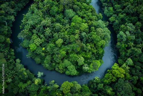 Drone Captured Serenity of River Flowing in Dense Jungle