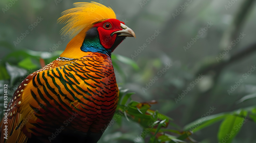 A golden pheasant displaying its colorful feathers, shot using a soft-focus lens to create a dreamlike effect around its vibrant plumage, set against a muted forest background with copy space