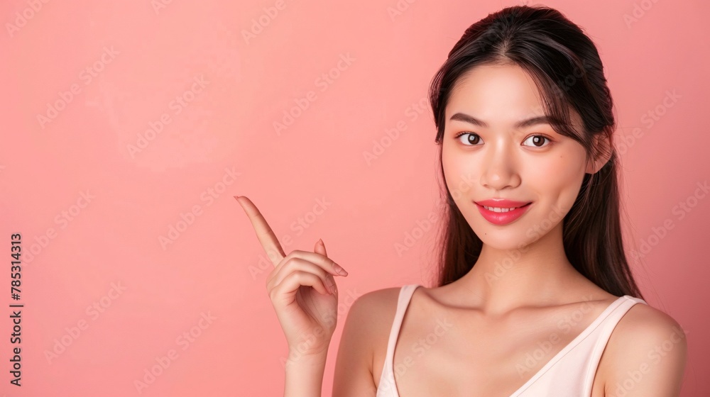 Portrait of beautiful asian woman pointing finger to copy space on pink background Portrait of beautiful asian woman pointing finger to copy space on pink background