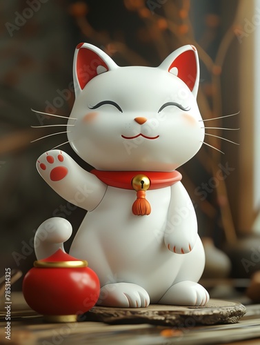 A cute 3D cartoon cat, sitting on a wooden table. The cat is white with red details, and has a red collar with a bell. It is smiling and has its left paw raised.