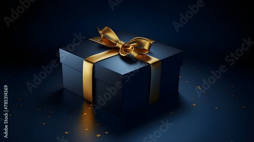 A black gift box with a golden ribbon and gold stars