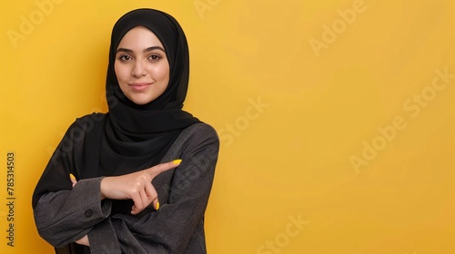 Hijab woman pointing at copy space over yellow background. Looking at camera. © Ajay