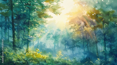 Paint a serene forest landscape from a worms-eye view, with sunlight filtering through the canopy Watercolor, soft and dreamy hues