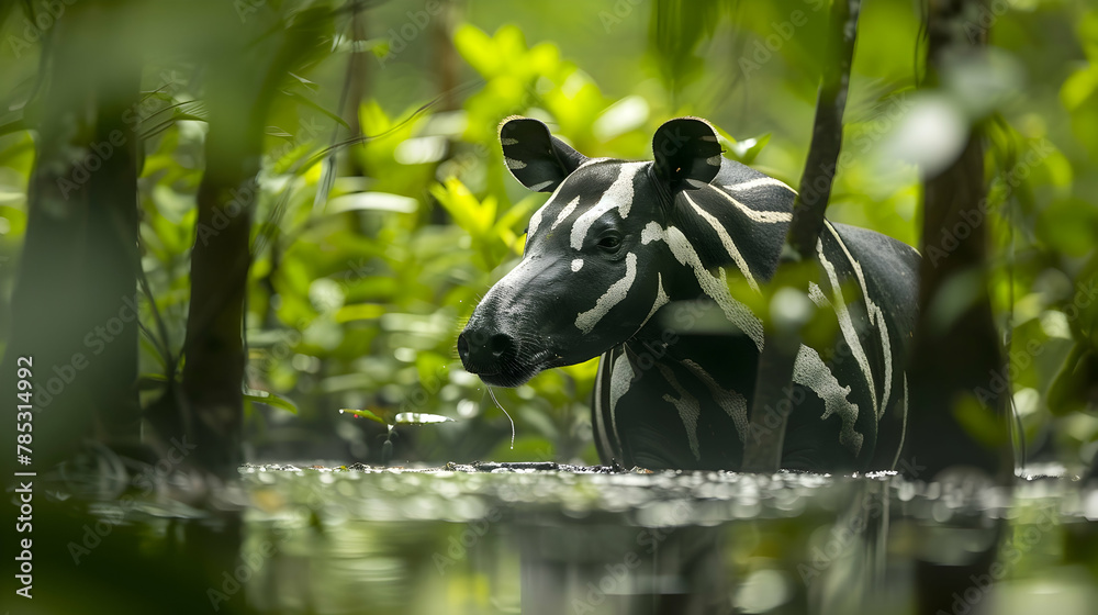 Fototapeta premium A Malayan tapir by a mud hole, captured with high dynamic range to detail its contrasting black and white skin, set against a lush jungle background with copy space