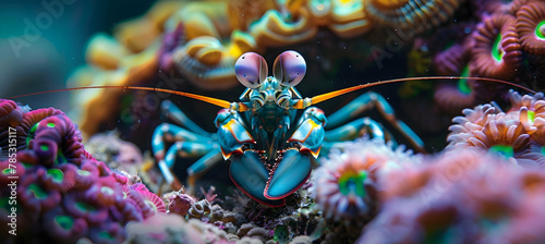 A mantis shrimp hiding in a coral reef crevice, captured with underwater photography to reveal its vibrant colors and intricate appendages, set against a vibrant ocean backdrop with copy space photo