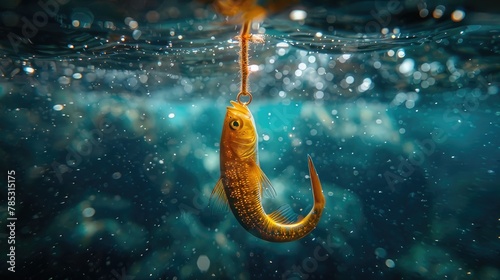 Detailed Close-Up of Fishing Fish Hook Underwater, Copy Space Image for Text or Design
 photo