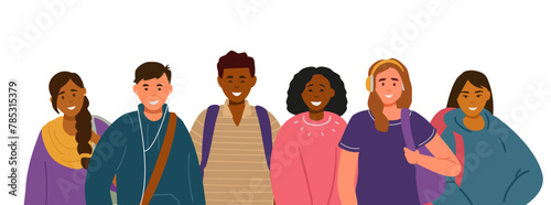 Multiracial group of male and female students teenagers with backpacks smiling flat vector illustration isolated on white.