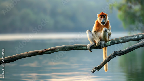 A proboscis monkey sitting on a branch, shot using natural light to highlight its unique facial features and reddish-brown fur, set against a river backdrop with copy space
