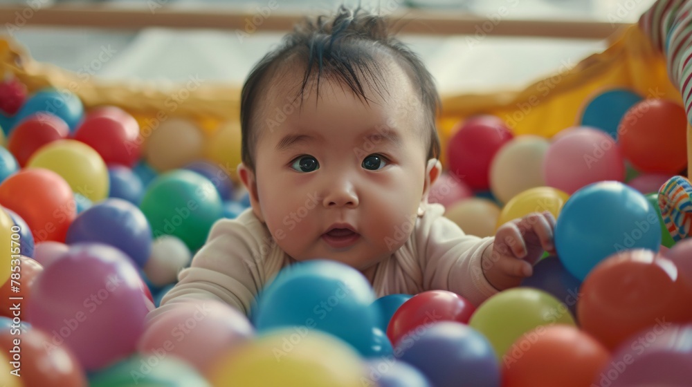 Cute little baby girl playing in colorful balls. Happy childhood. Cute little baby girl playing in colorful balls. Happy childhood.
