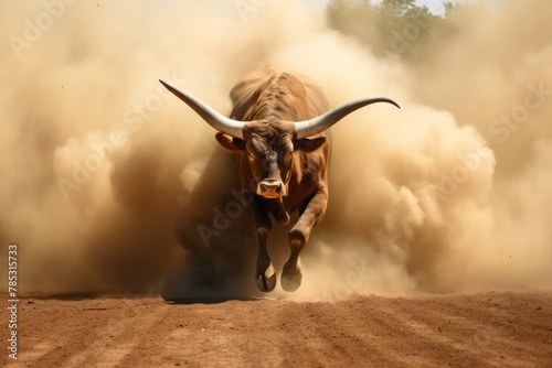 A large bull raises dust with its furious running against the backdrop of sunset rays, a symbol of the state of Texas, bullfighting