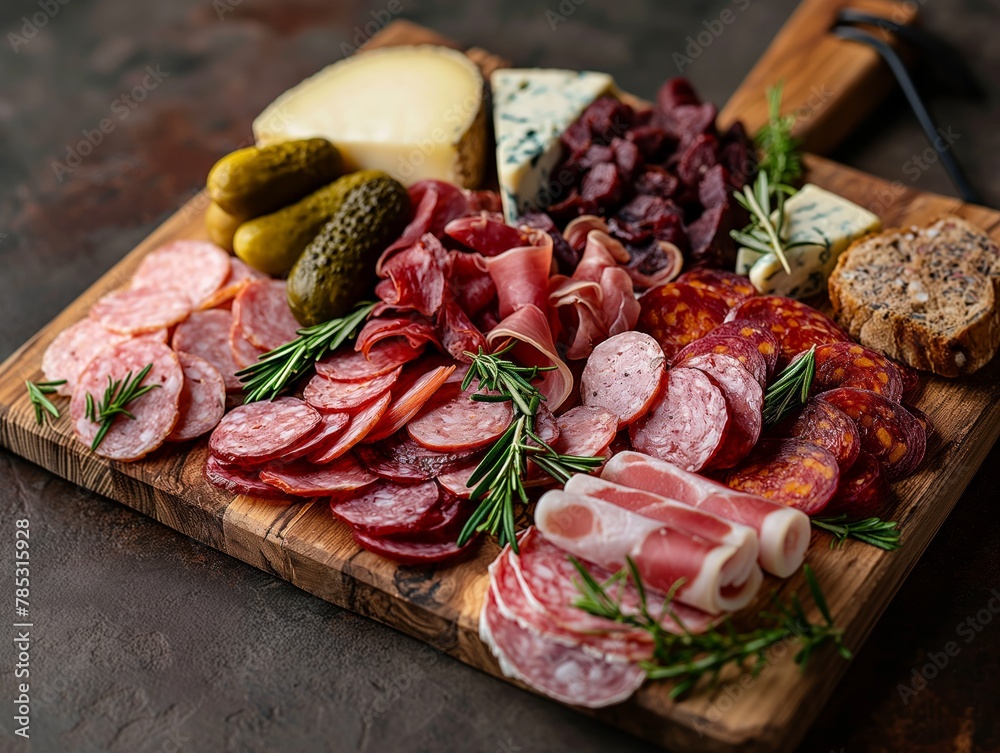A wooden board with a variety of meats and cheeses, including salami, prosciutto, and cheese