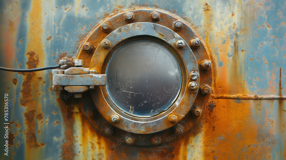 Rusty metal surface with a circular porthole window, exhibiting corrosion and age.