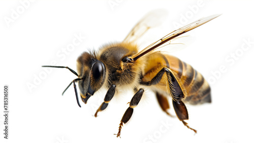 Close-up of a honeybee in mid-flight with detailed view of its wings and body.