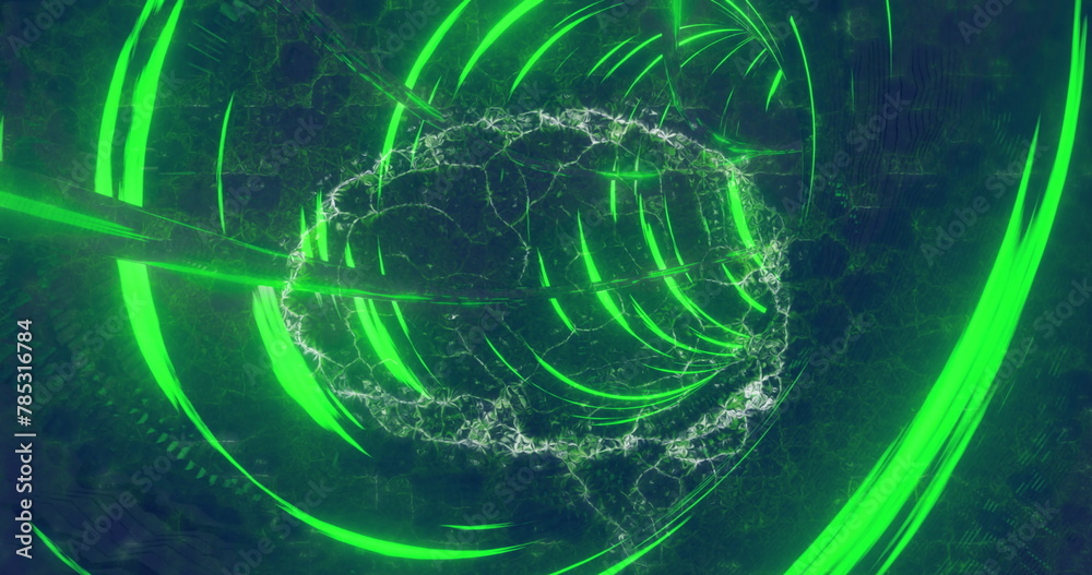 Naklejka premium Image of light tunnel over digital brain on black background