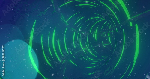Obraz na plátně Image of digital snowfall and neon green looping tunnel against abstract backgro