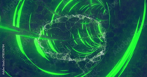 Image of light tunnel over digital brain on black background