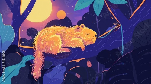  A rodent naps on a tree limb in a forest at night, under the glowing full moon